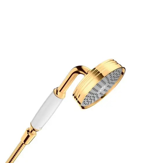 Handbrause in glänzendem Gold mit ergonomischem Griff und runder Kopfplatte, präsentiert von AXOR. Der Duschkopf hat ein schlichtes, modernes Design.